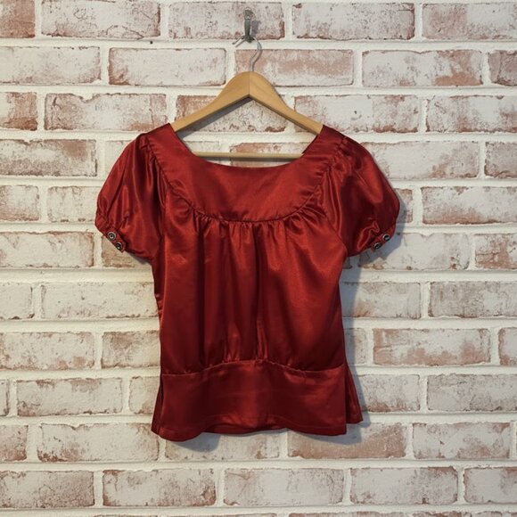 Rampage Red Satin Peplum Short Sleeve Top - Medium - Picture 3 of 5